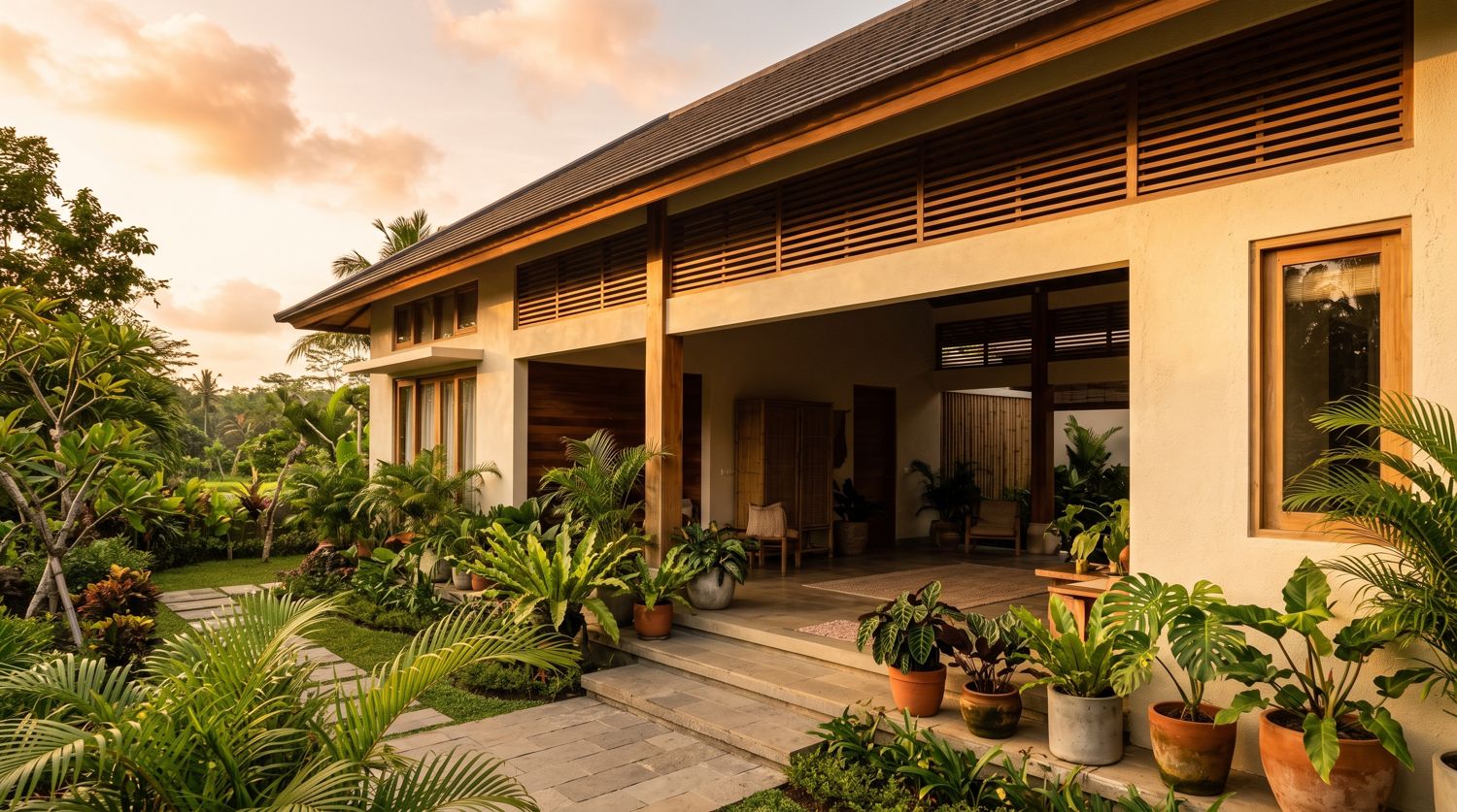 Tampak depan rumah modern tropis dengan dinding krem dan tanaman hias di teras